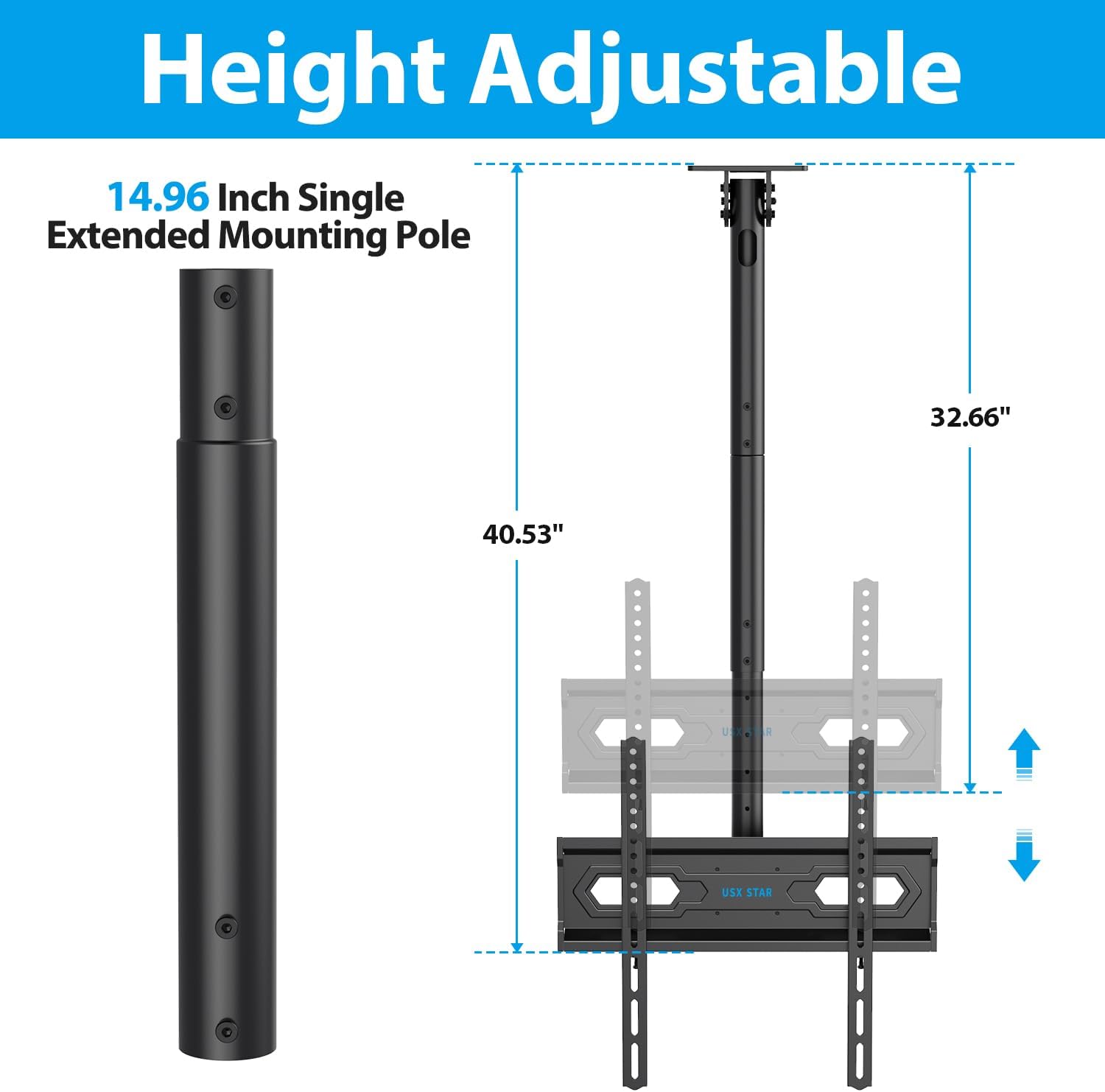 USX STAR Ceiling TV Mount for 26-65 inch Flat Screen Displays, Adjustable Ceiling TV Bracket Fits Most LCD LED OLED TVs, 14.96Inch Single Extended Mounting Pole, Holds up to 110lbs, Max VESA 400x400mm